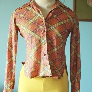 Vintage 70s pointed collar plaid sparkly blouse
